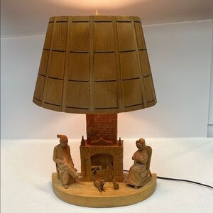 Vintage hand carved wooden side lamp signed by Quebecois artist